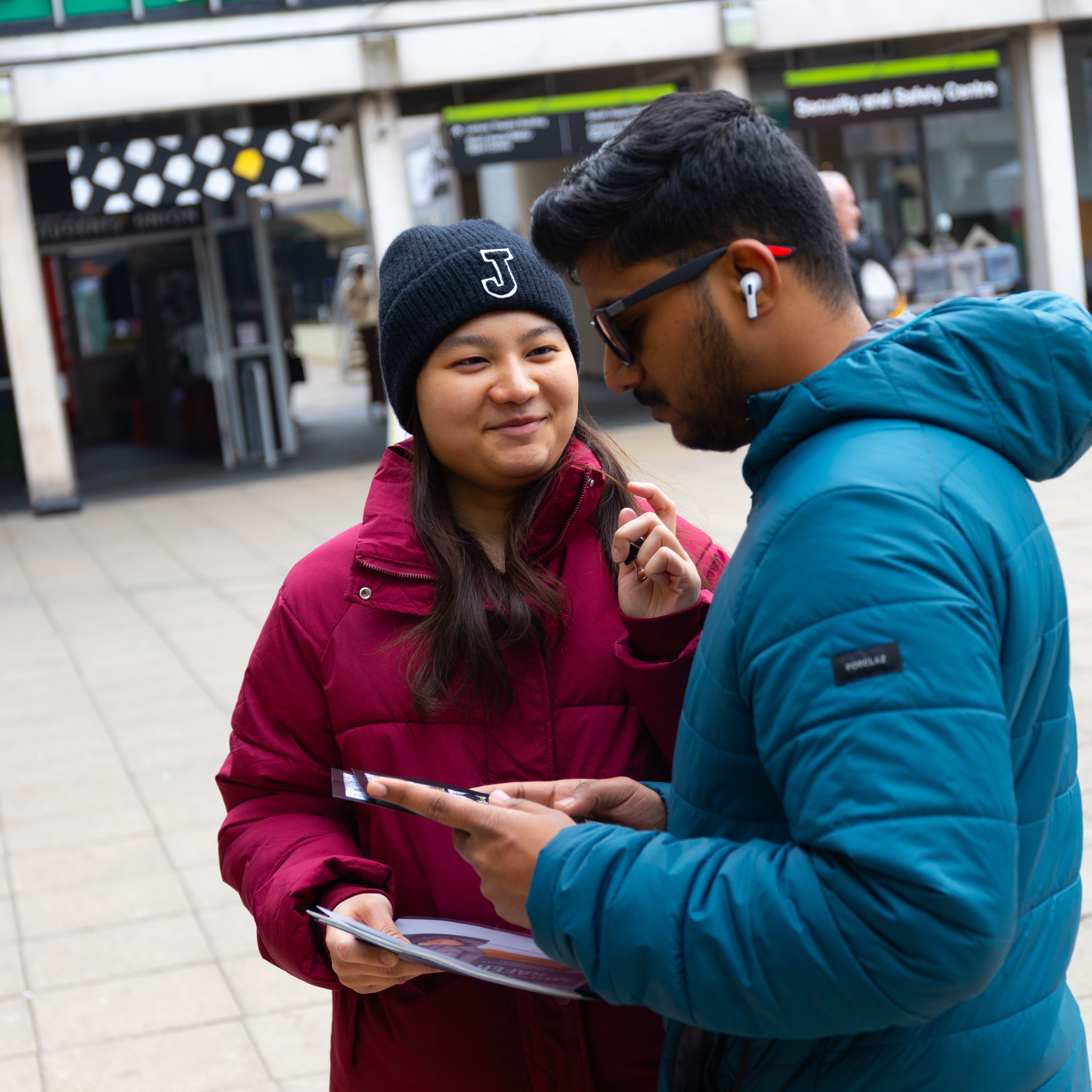 Two Essex students talking on Square 3